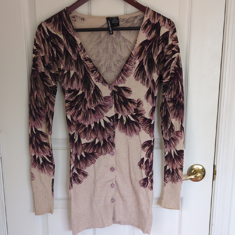 Anthropologie Cream and Purple Cardigan Sweater